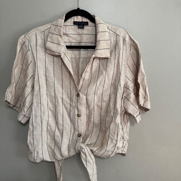 Sanctuary Tops - Sanctuary oatmeal color striped linen cropped button up size XL